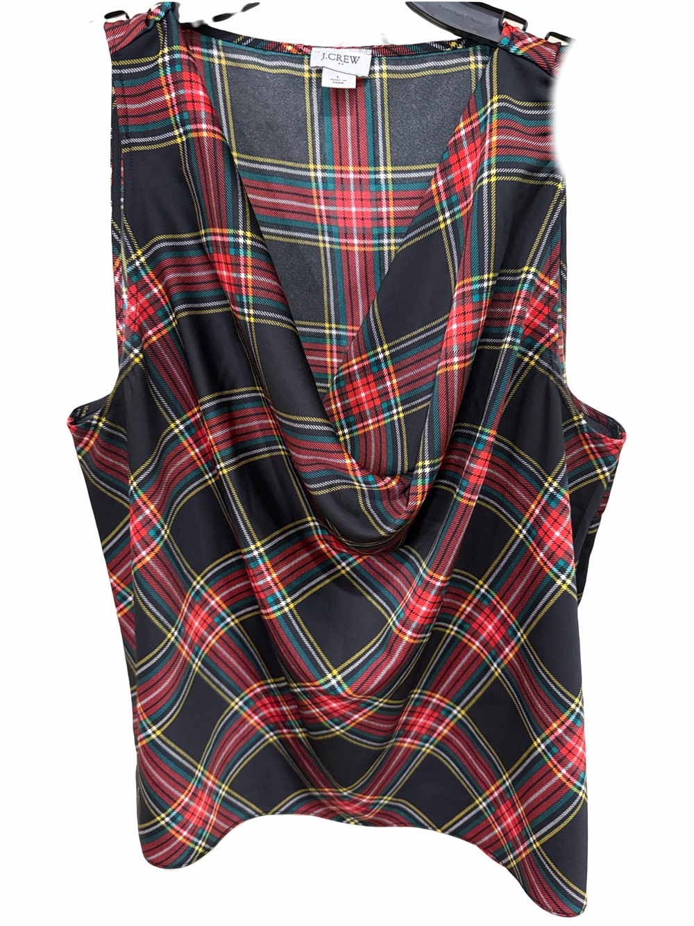 J. Crew NWOT large Black Plaid Cowl Neck Tank with Red Tartan Holidays